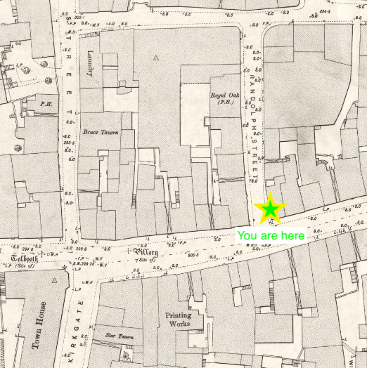 Map of town centre with cross saying you are here, High Street and Randolph Street junction. 