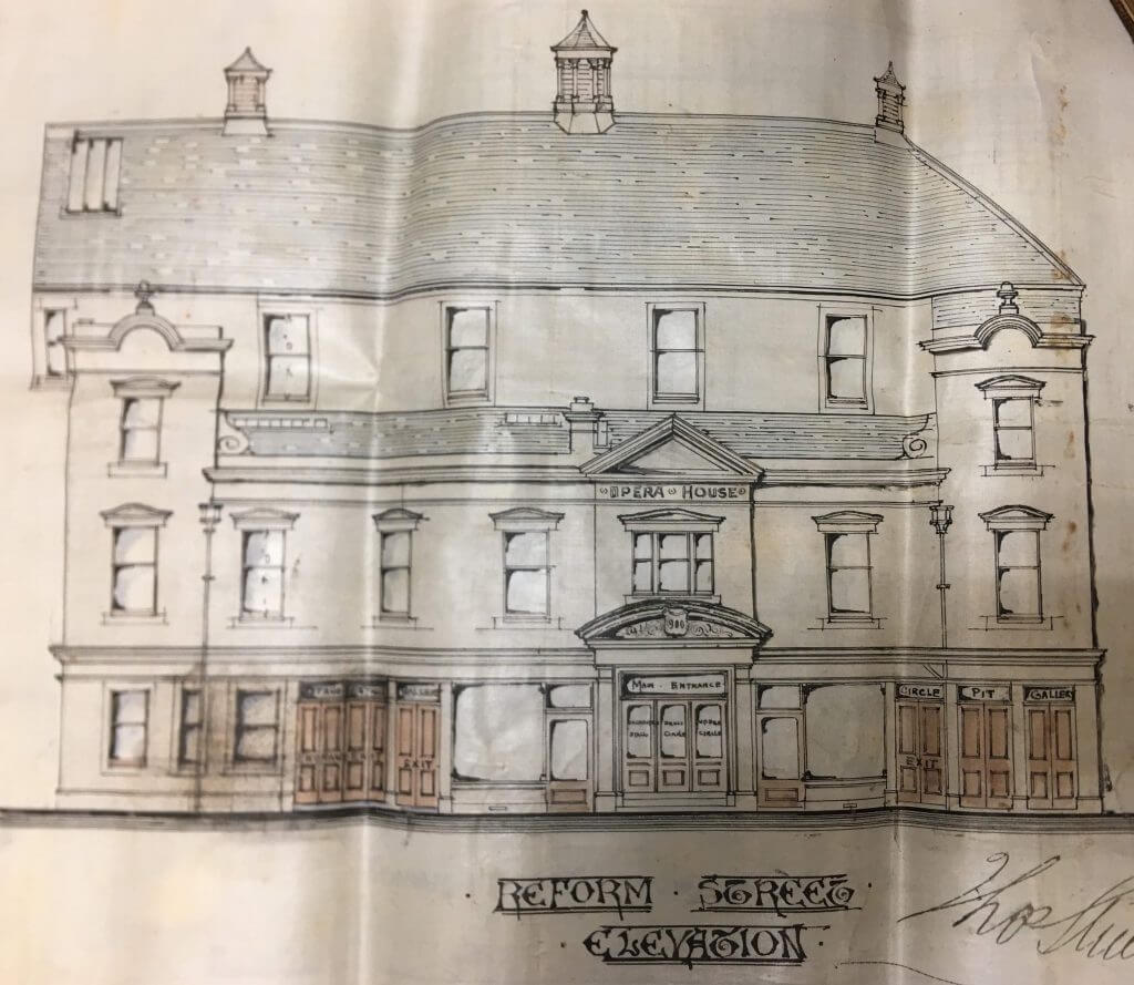 Architects drawing of Reform Street elevation of Dunfermline Opera House and Hippodrome 